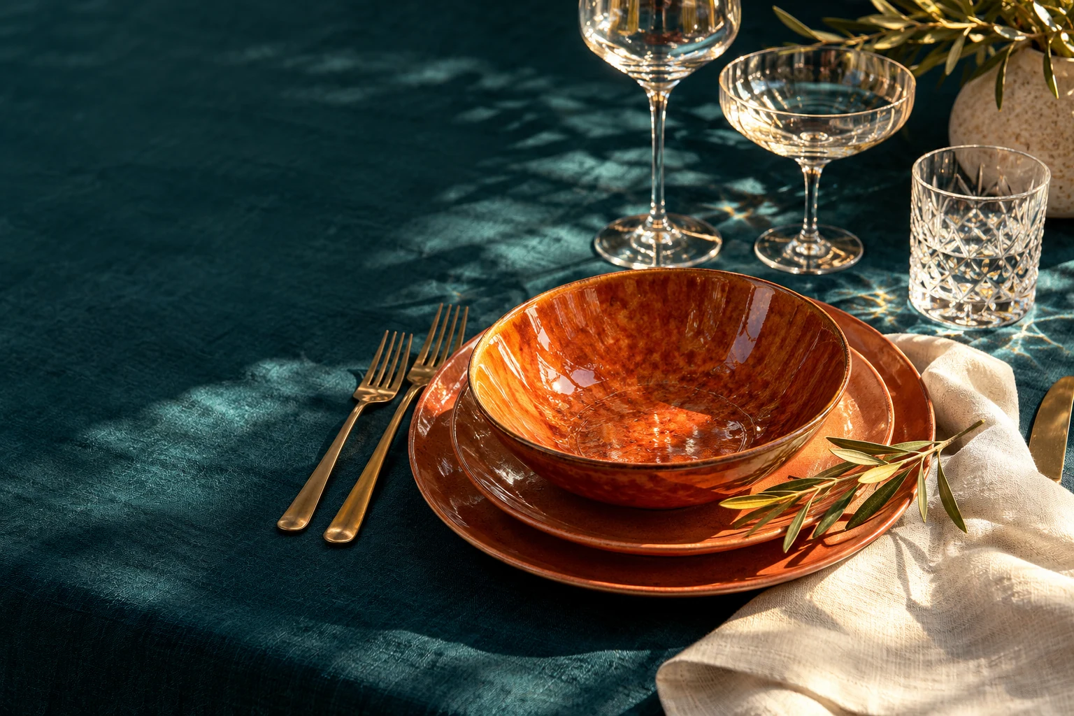 Original colourful editorial styling with orange porcelain and deep teal linen